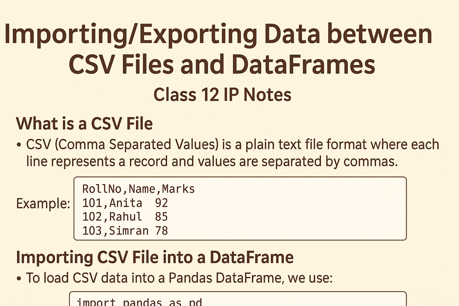 Importing and Exporting Data between CSV Files and DataFrames – Class 12 IP Notes