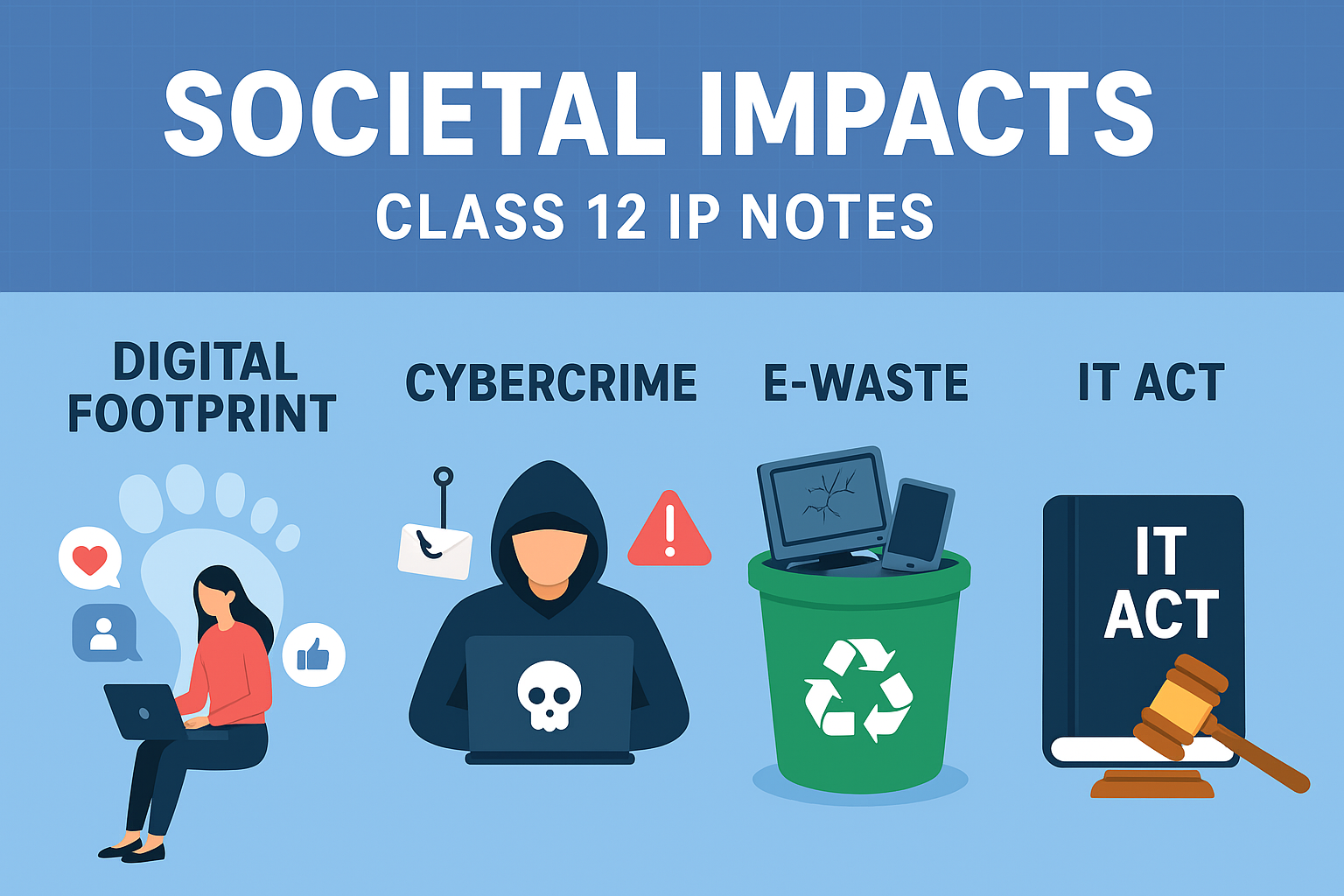 Societal Impacts – Class 12 IP Notes | Digital Footprint, Cybercrime, E-Waste, and IT Act